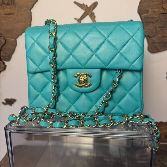 Chanel Teal Mini Rectangular Lambskin Chain Shoulder Bag Series 7 2002-03 GHW - Picture 1 of 12
